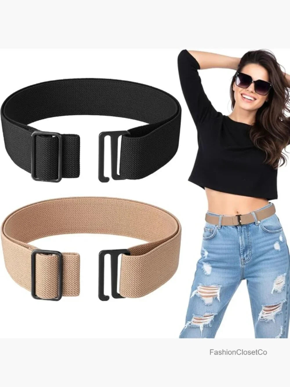 2Pcs Elastic Stretch Belt with Flat Buckle for Jeans Pants Dresses